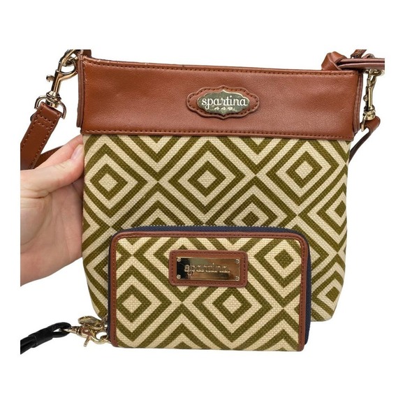Spartina 449 Geometric Green/ Cream Leather and Linen Crossbody Bag with Wallet - Picture 1 of 9